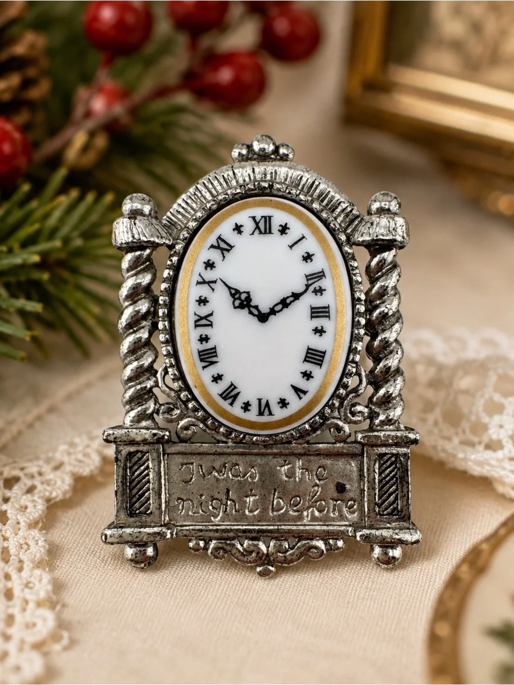 Danecraft Twas the Night Before Grandfather Clock Christmas Brooch Pin